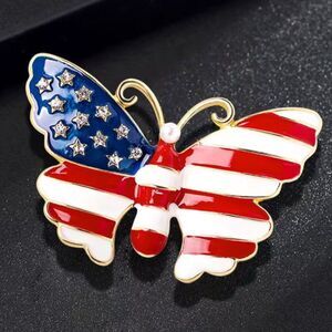USA Butterfly Flag Brooch Red White & Blue Artificial Diamonds & Pearl Oil Drip
